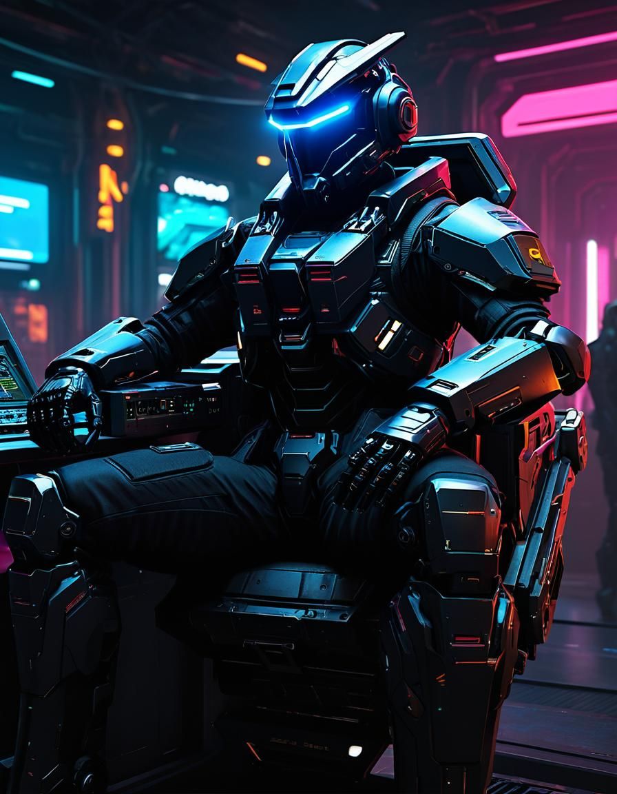 Mech Pilot Relaxing in Cyberpunk Cockpit