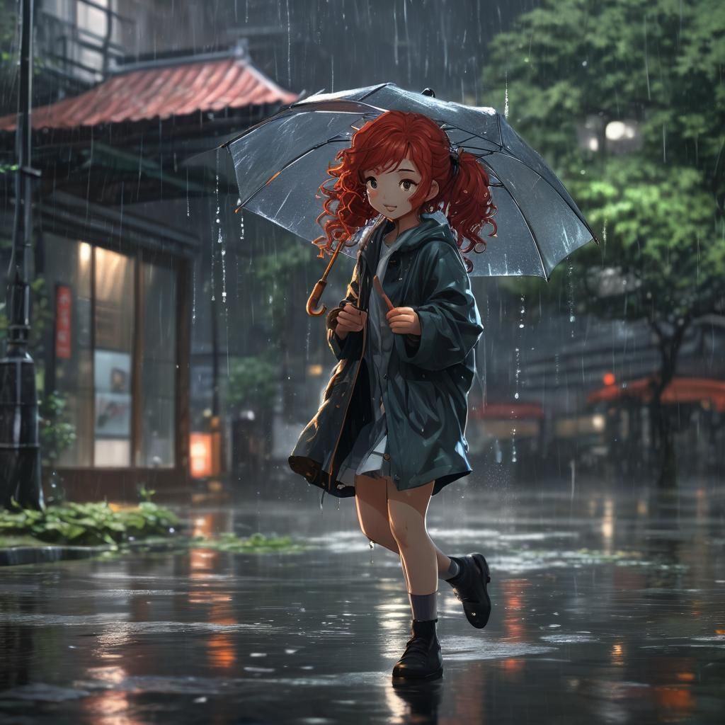 Anime Girl with Red Hair Playing in Rain
