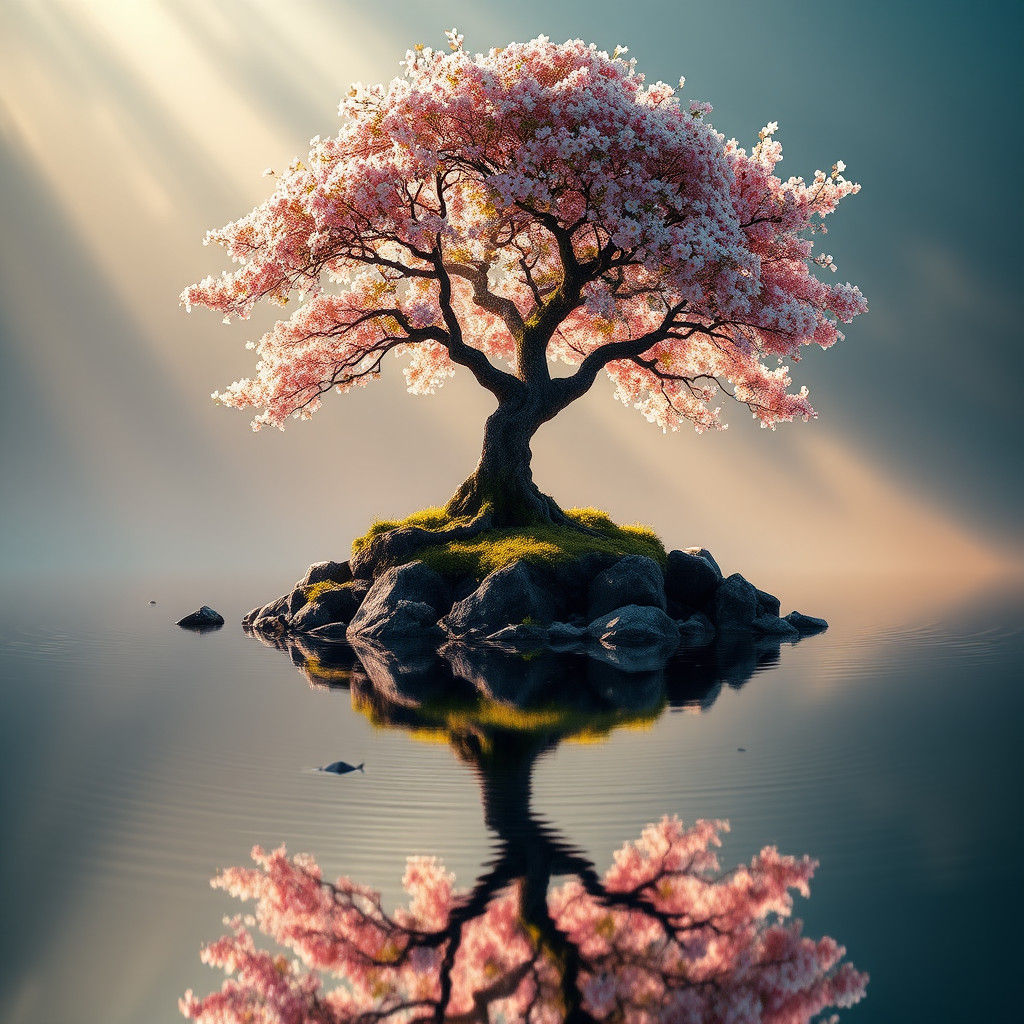 Sakura Tree on Island: Serene Matte Painting