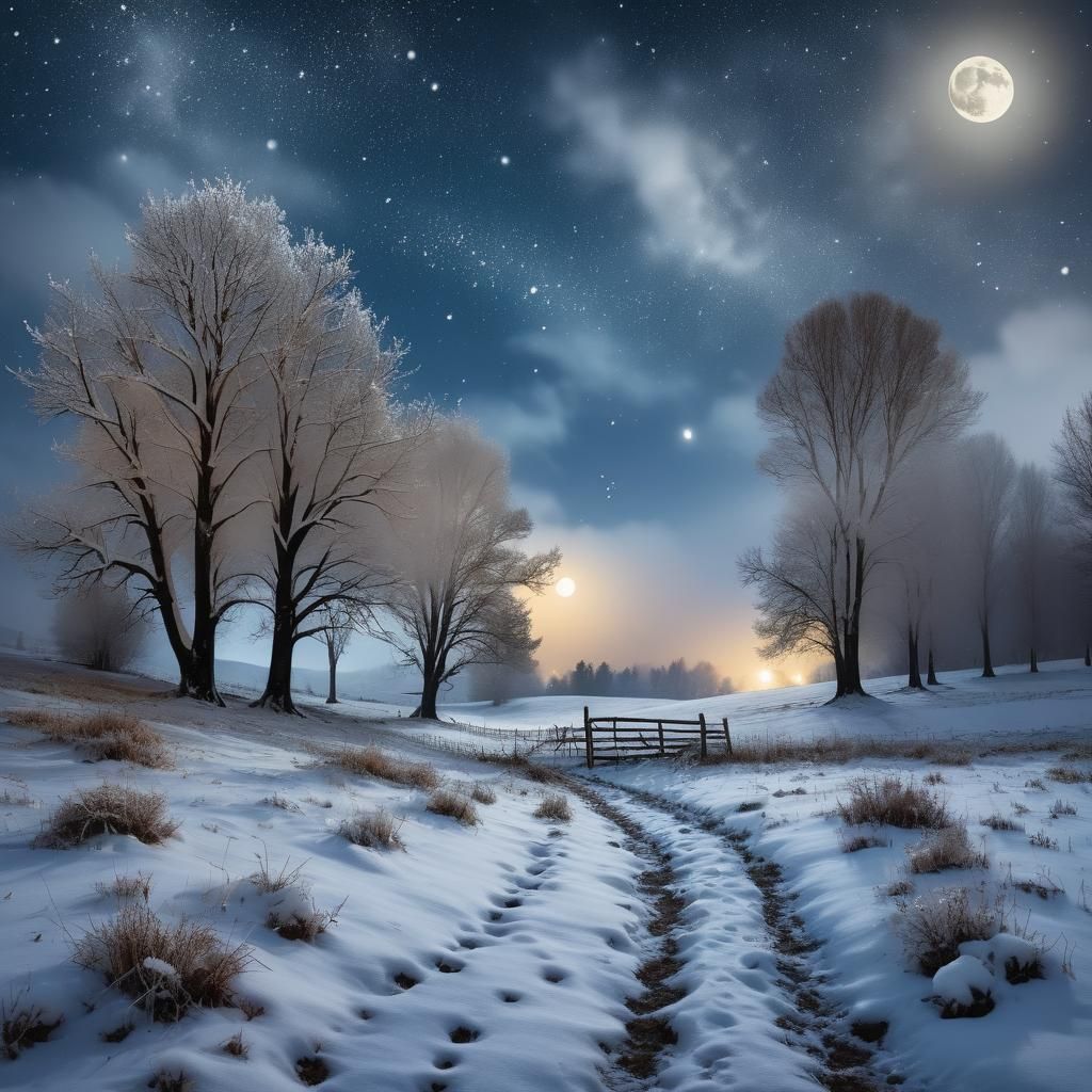 Snowy Meadow at Night with Setting Moon