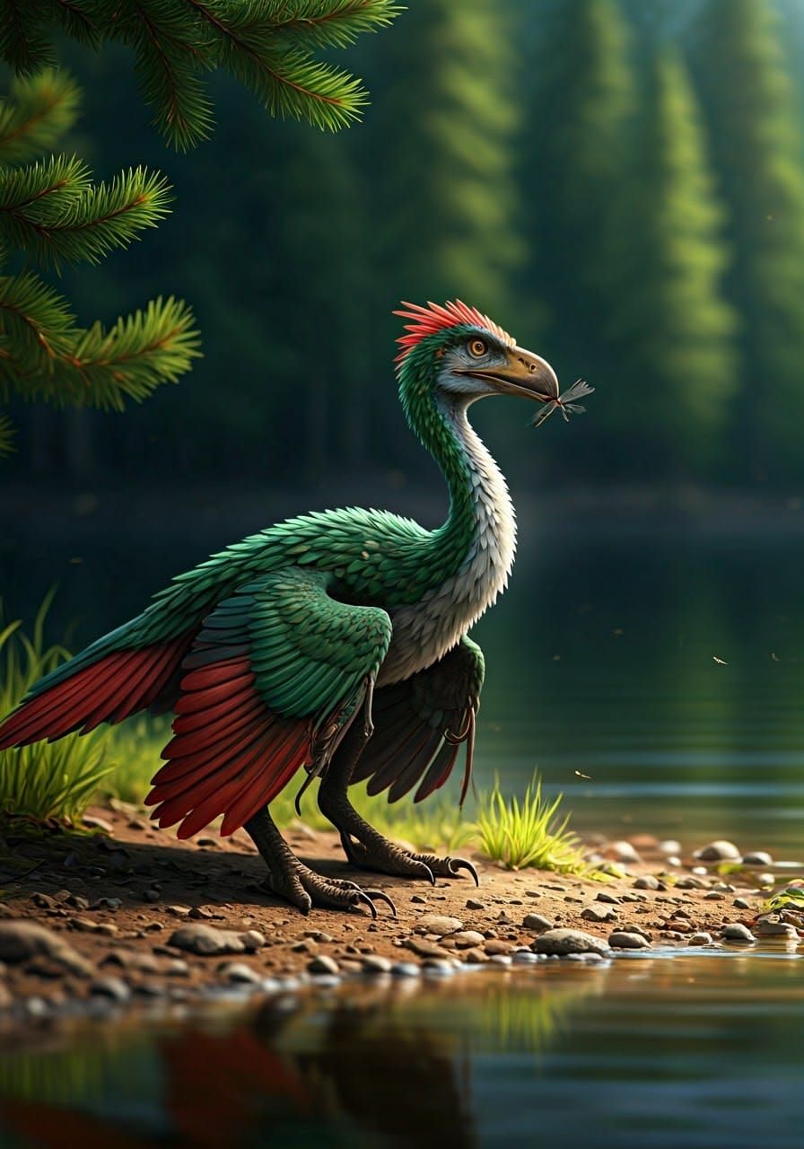 Ancient Archeopteryx Hunts Dragonflies in a Sunny Lake Shore...