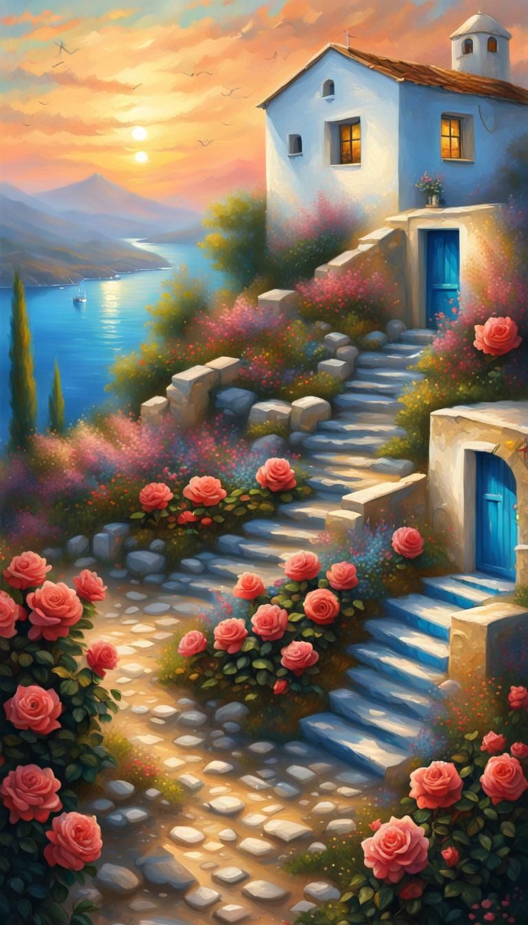 Greek Windmill Sunset Oil Painting with Roses