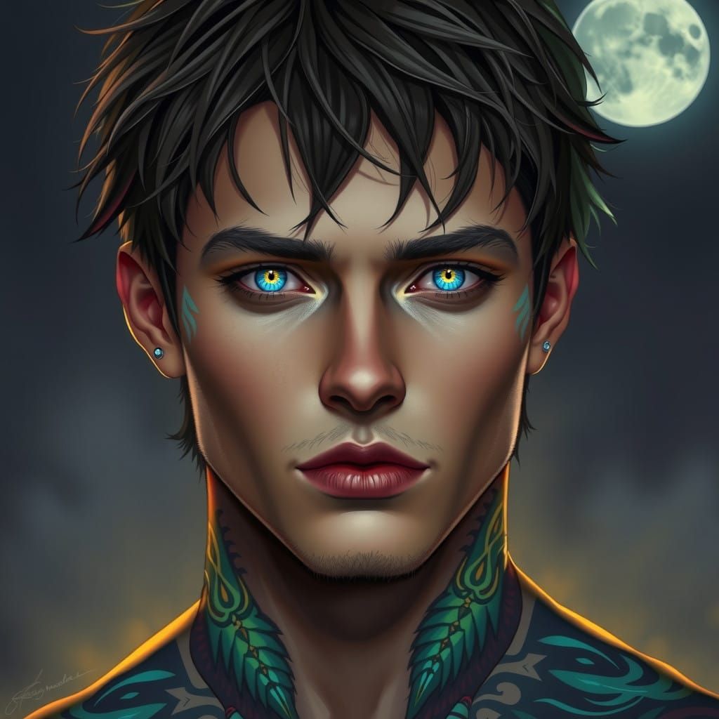 Chiseled Androgynous Man with Piercing Eyes and Tribal Tatto...