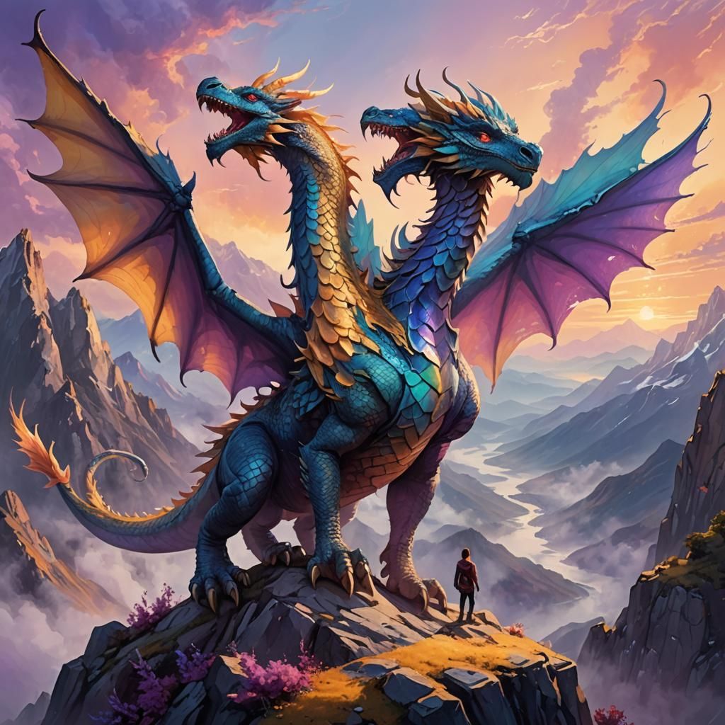 Dragon-Human Hybrid on Mountain Peak: Fantasy Art