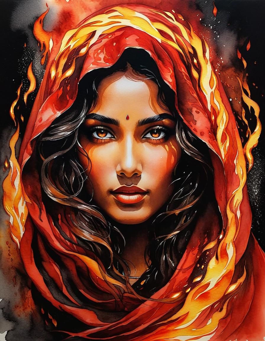 Flaming Goddess Portrait in Mixed Media Style