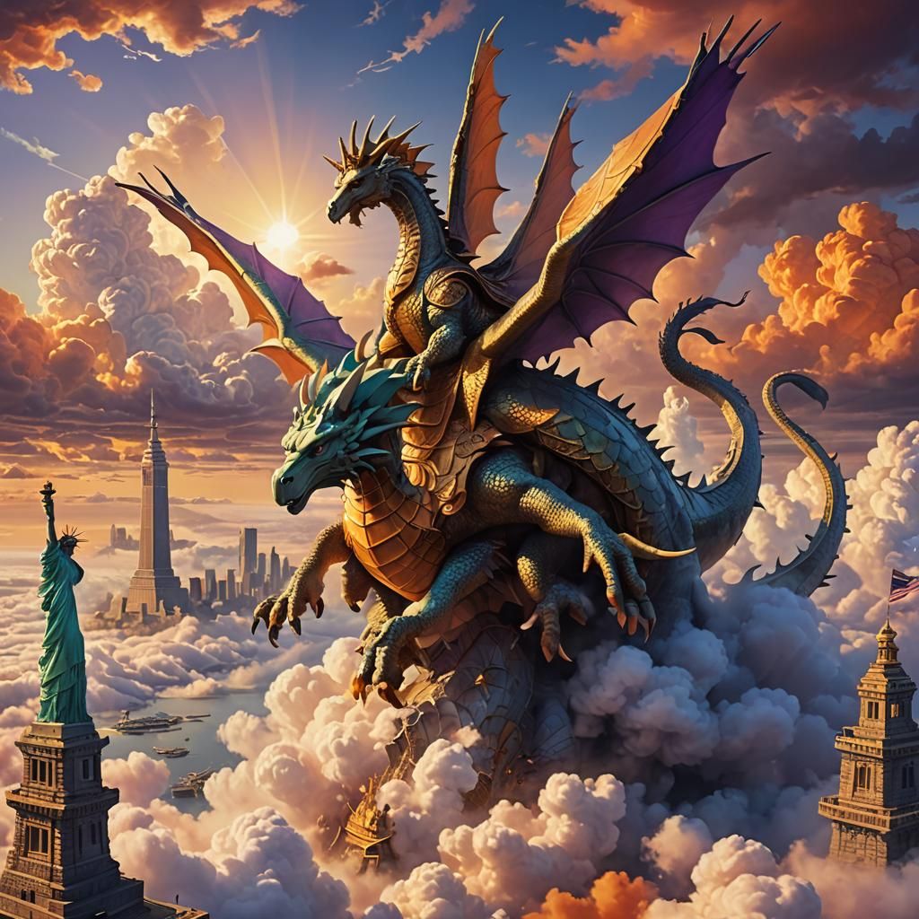Statue of Liberty Rides a Dragon: Fantasy Art