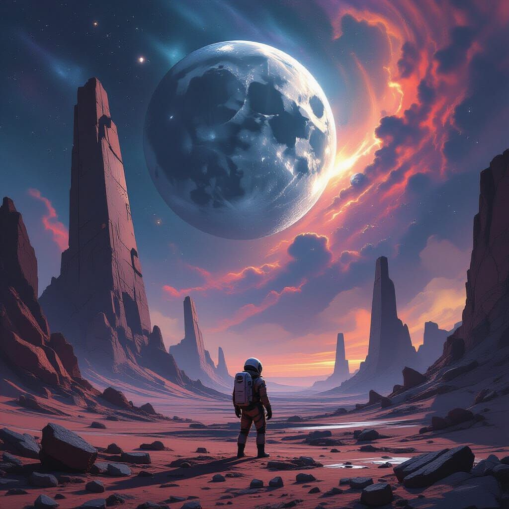 Astronaut Surveys Alien Ruins Under Shattered Moon