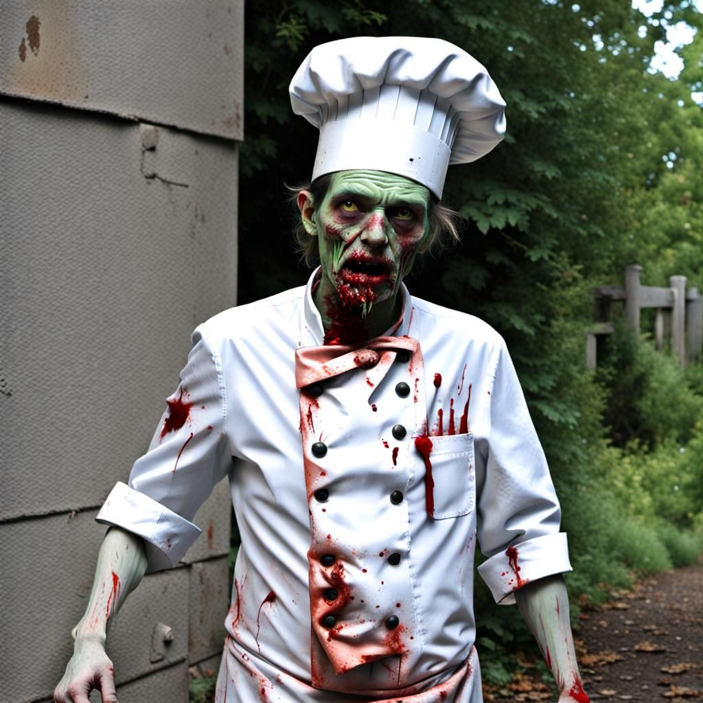 A nearby zombie, sporting a tattered chef's hat, shuffled fo...