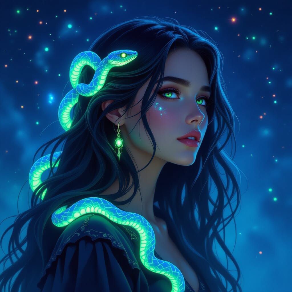 Woman with Phosphorescent Snake Hair in Cosmic Expanse