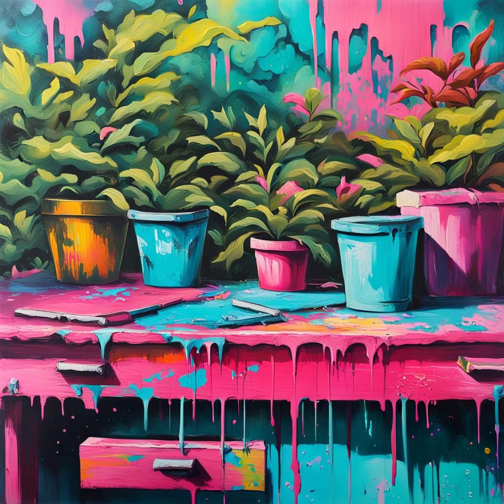 Wooden Desk in Graffiti Art Garden