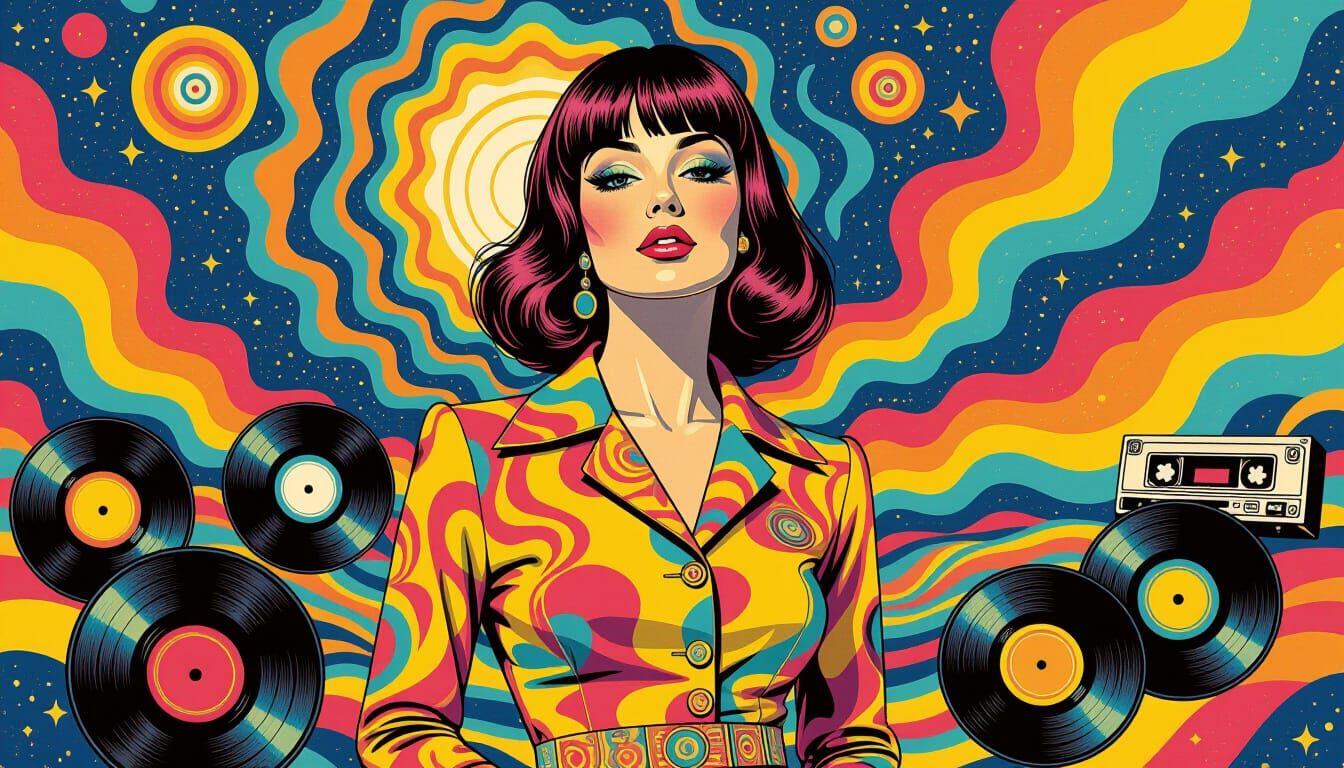Psychedelic 60s Mod Woman in Vibrant Landscape