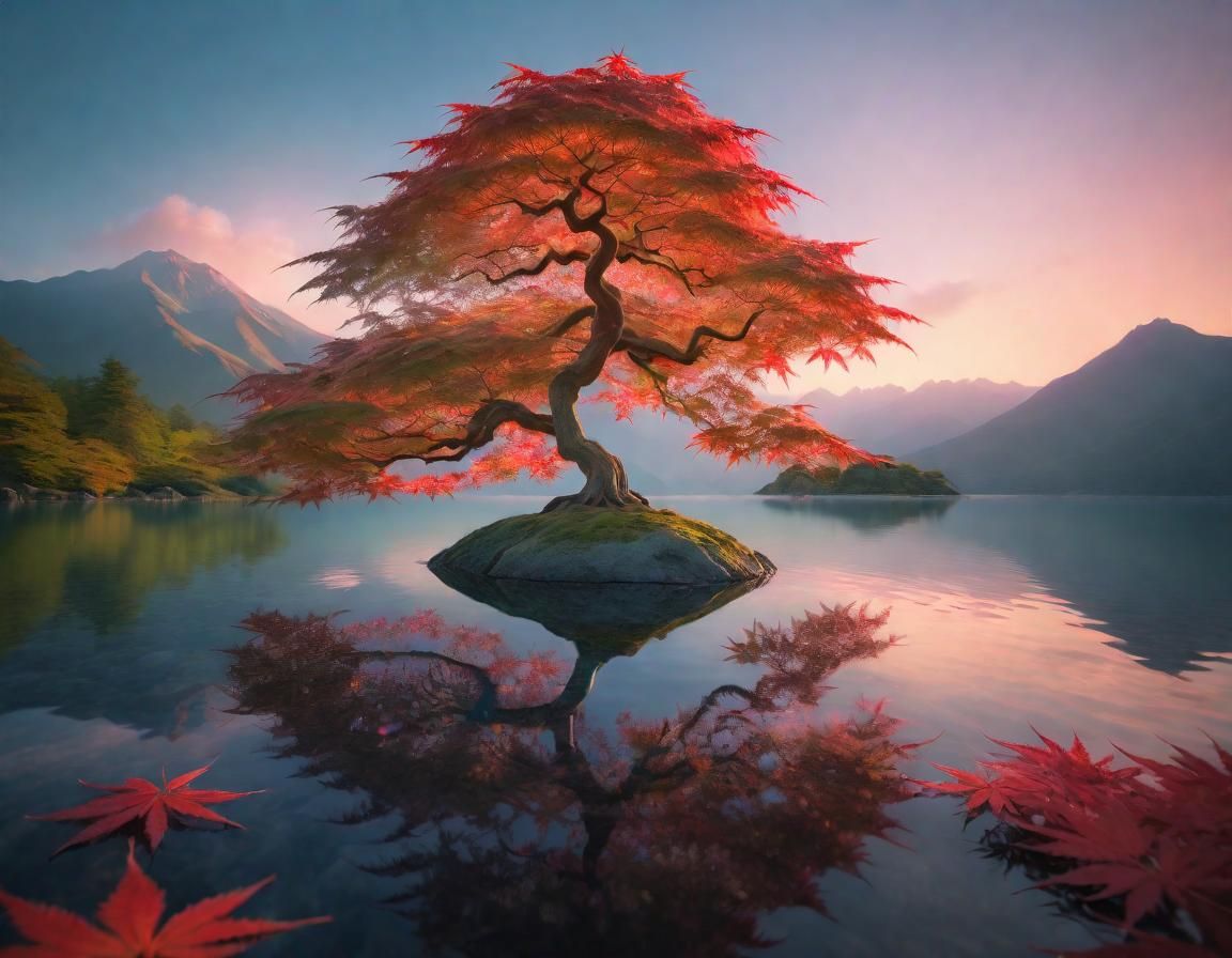 Magical Japanese Maple on Island Lake at Magic Hour