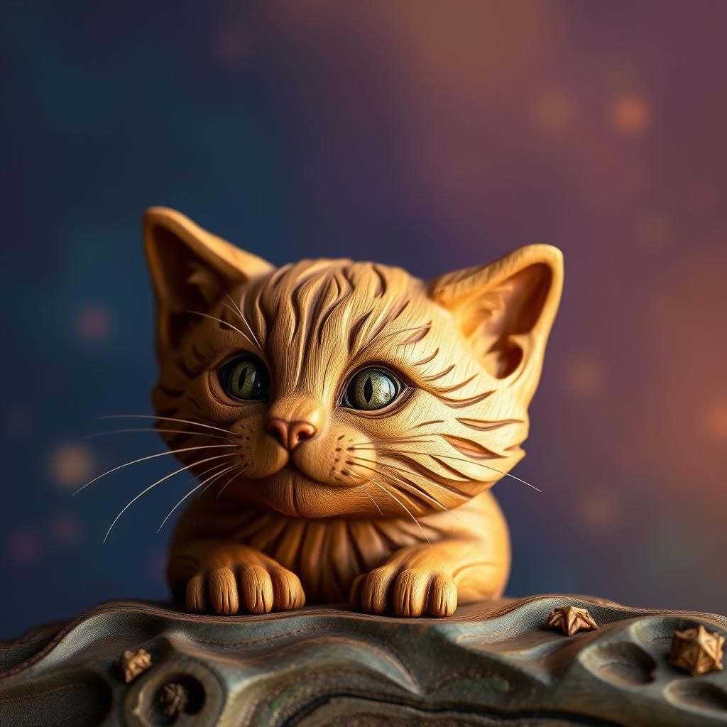 Detailed Wood Carving of a Kitten