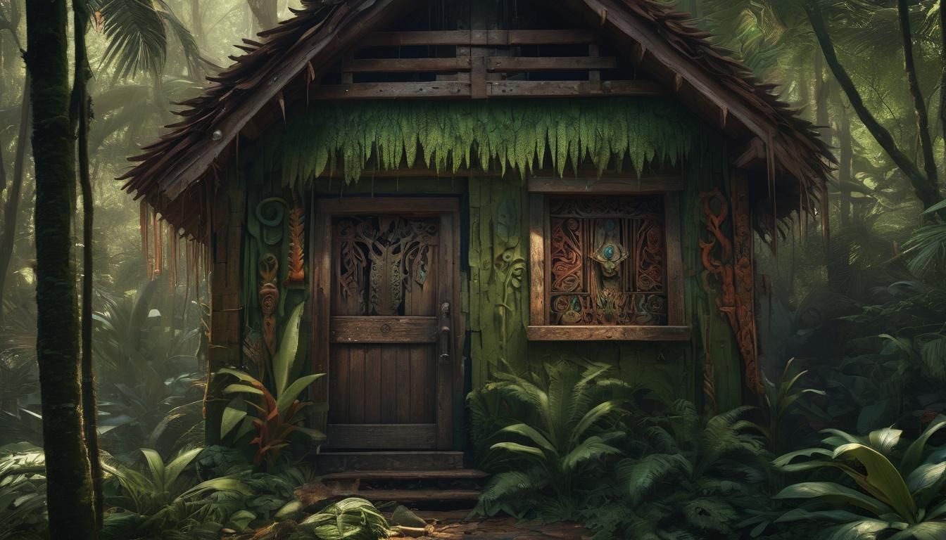 Ancient Jungle Wood House with Glowing Green Eyes and Teeth....