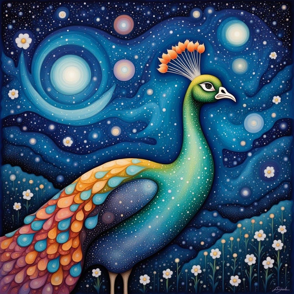 <lora:Liquid Ink Flux:1.0> Van Gogh-inspired Post-Impressionist portrait of a bold, expressive, and vibrant peacock agai...