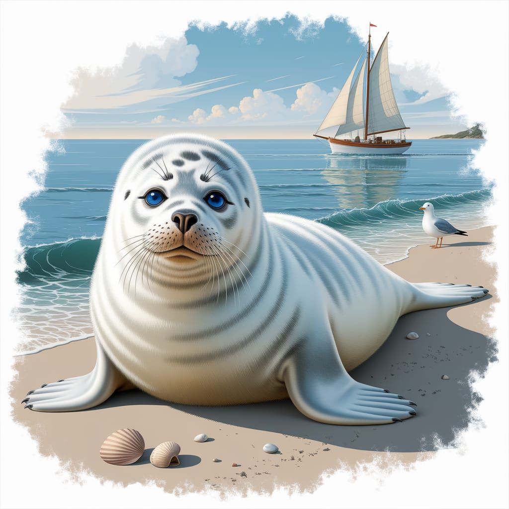 Hyperrealistic Portrait of White Fur Seal on Beach