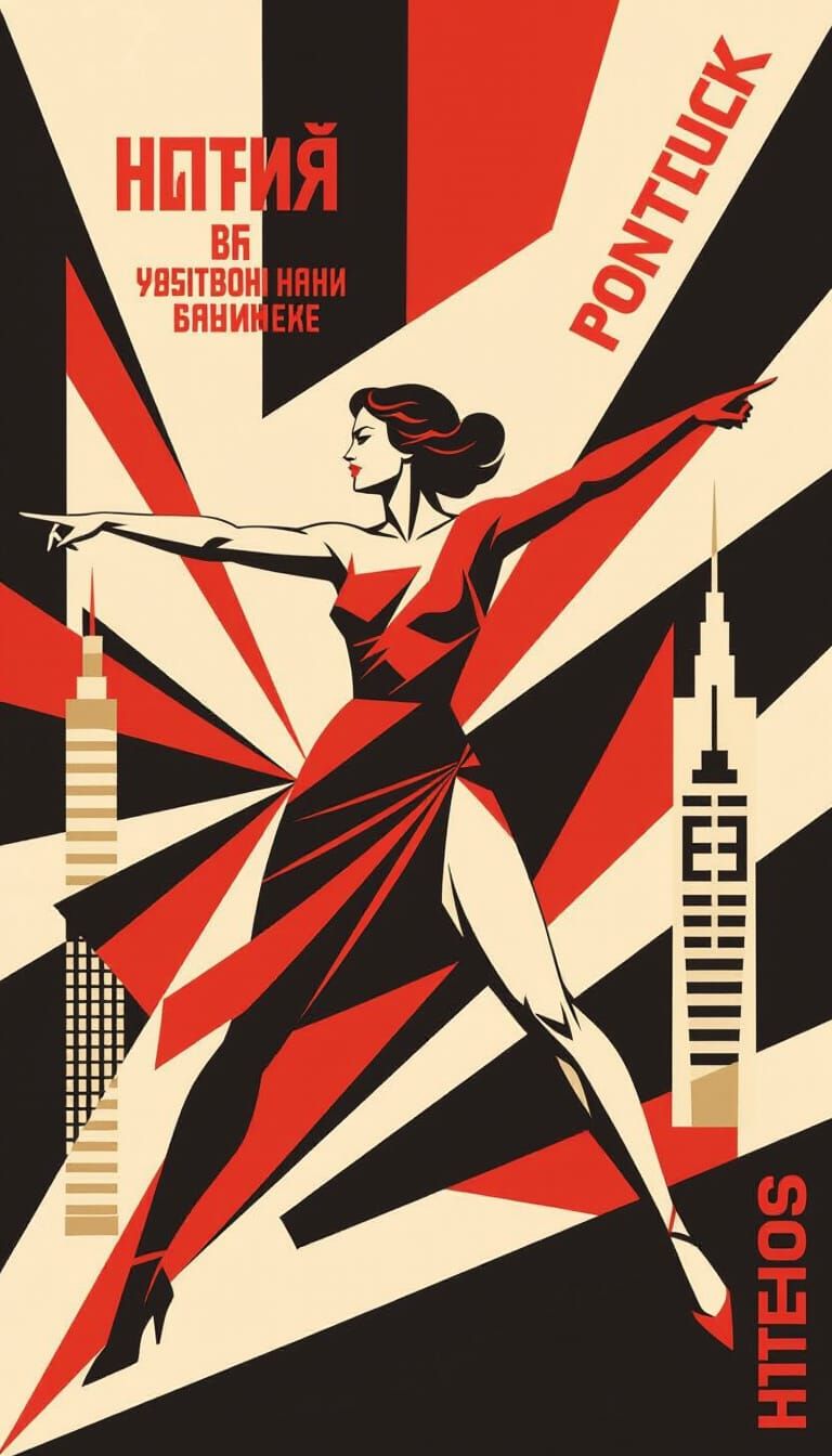 Constructivist Poster: Female Figure in Soviet-Inspired Geom...