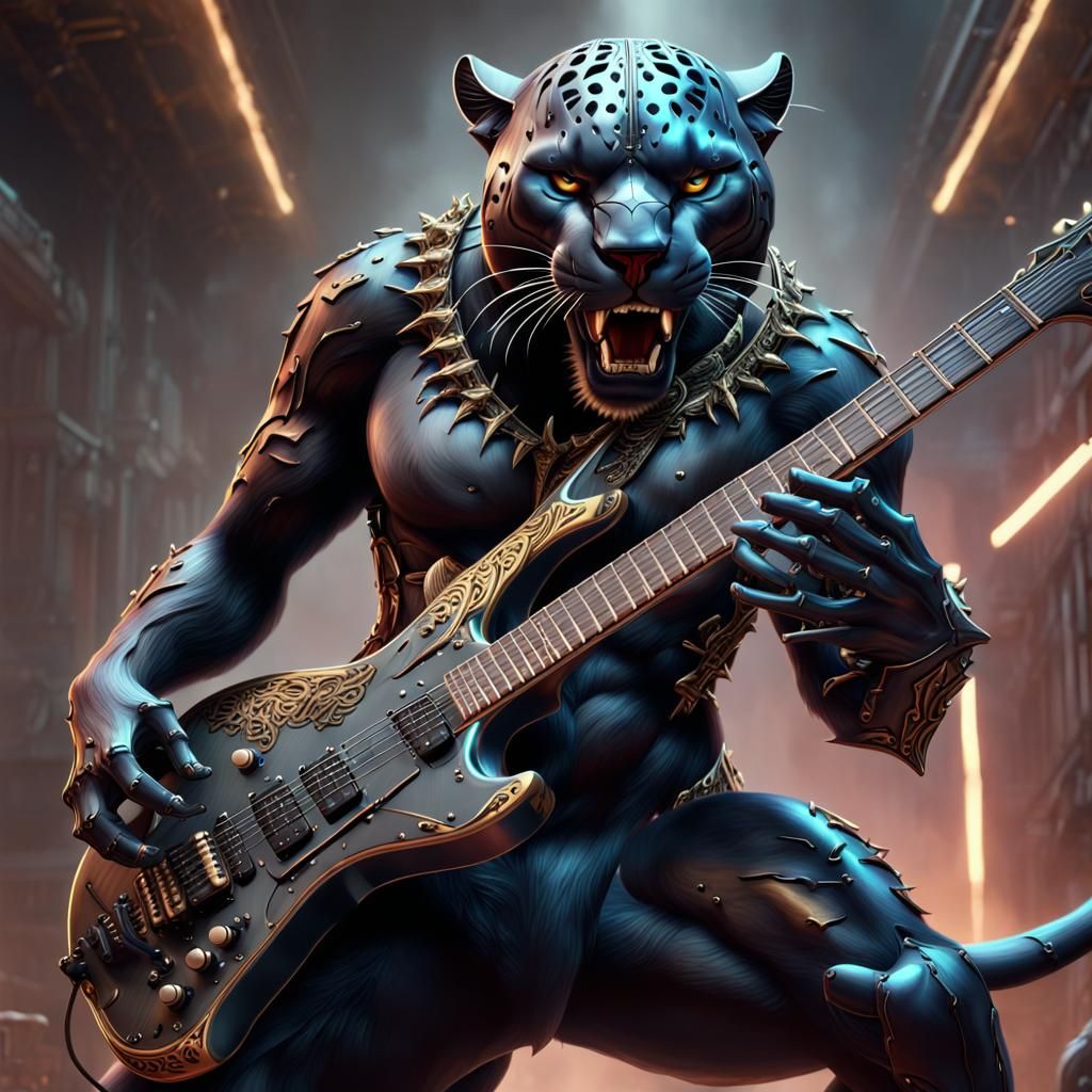Heavy Metal Panther Guitarist: Detailed Digital Art