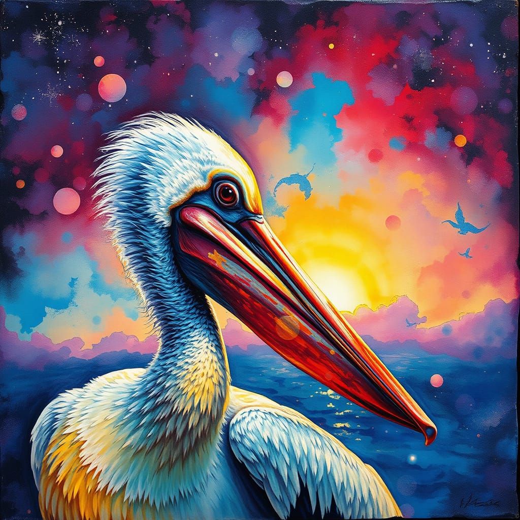 Vibrant Vintage Pelican in a Starry Sunset