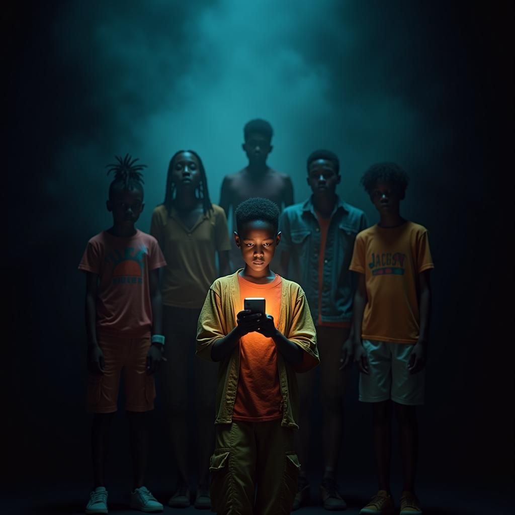 African Boy Holding Phone Radiating Light