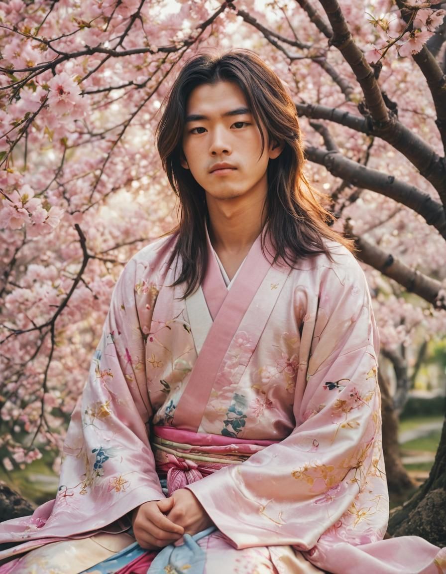 Surrealist Portrait of a Japanese Boy Under Cherry Blossoms....