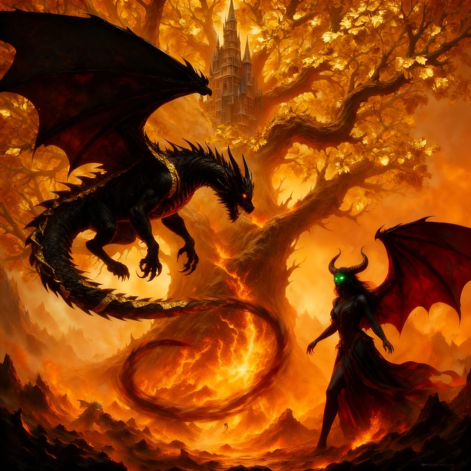 Dragon and Demon Fight Before Castle Treehouse