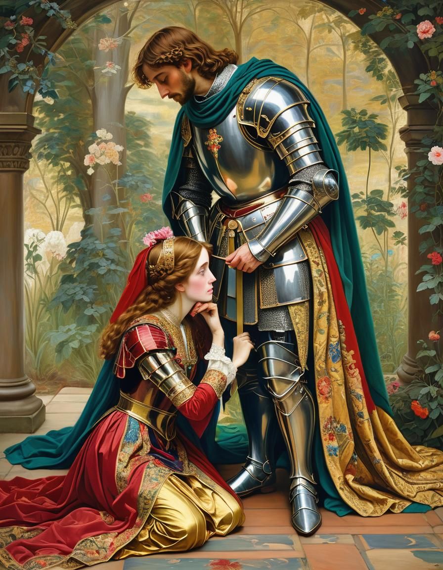 Knight Kneeling Before a Regal Woman: Pre-Raphaelite Style