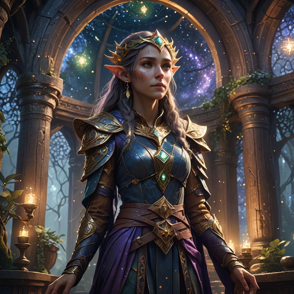 Wood Elf Star Druid in Observatory, Fantasy Art