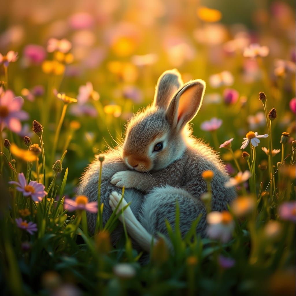 Surreal Baby Bunny in Vibrant Flower Meadow