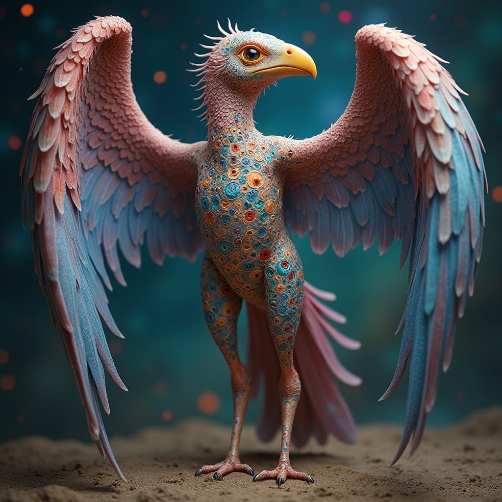 Iridescent Bird Humanoid with Eyes, Surreal Concept Art