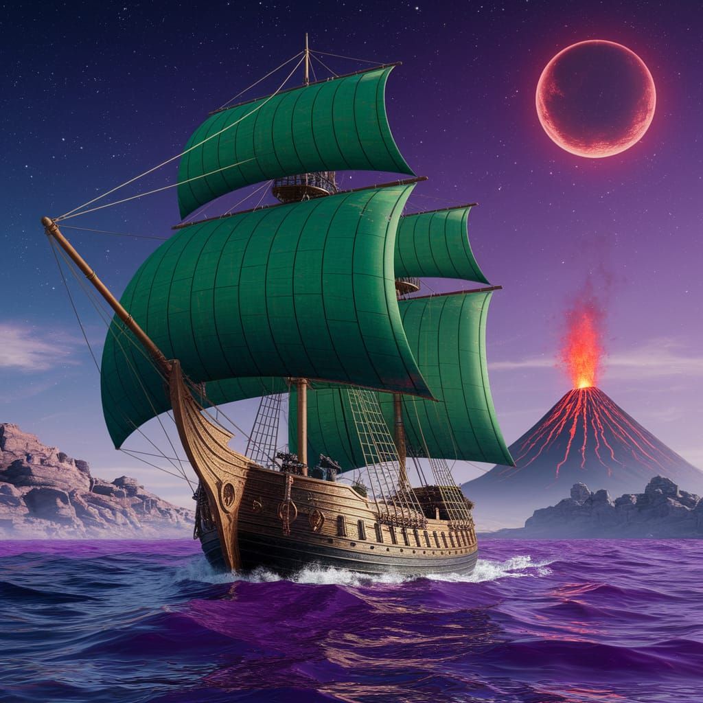 Alien Sailing Ship on Purple Ocean Planet