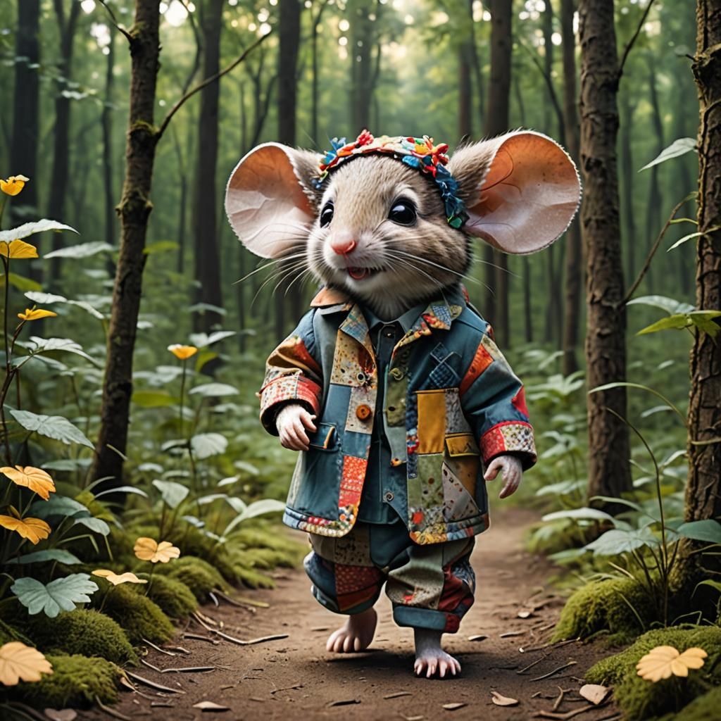 Mouse in Patchwork Suit Walking Through Forest