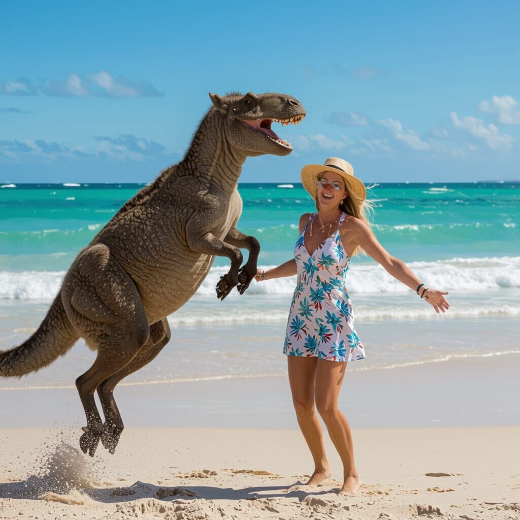 Woman Hugging Kangaroo on Beach with Ocean