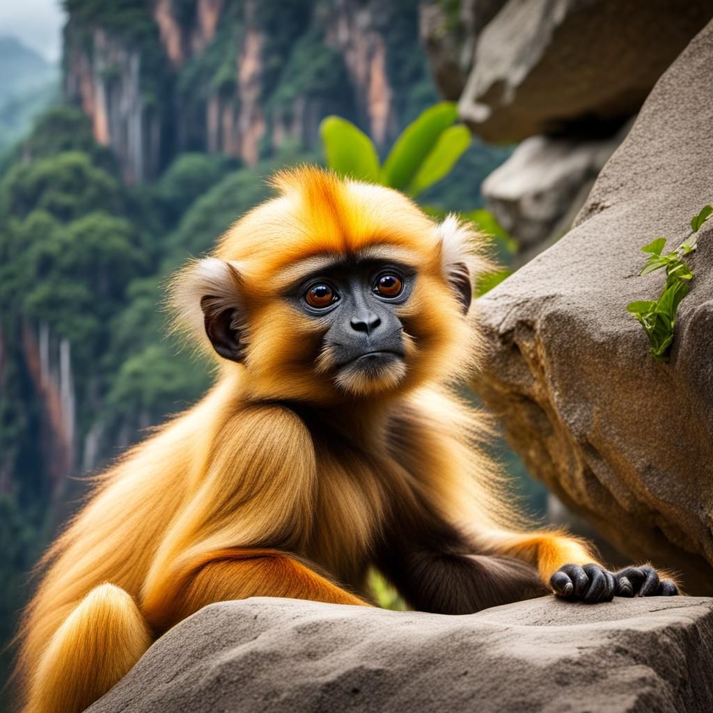 Golden Langur Baby on Limestone Cliff