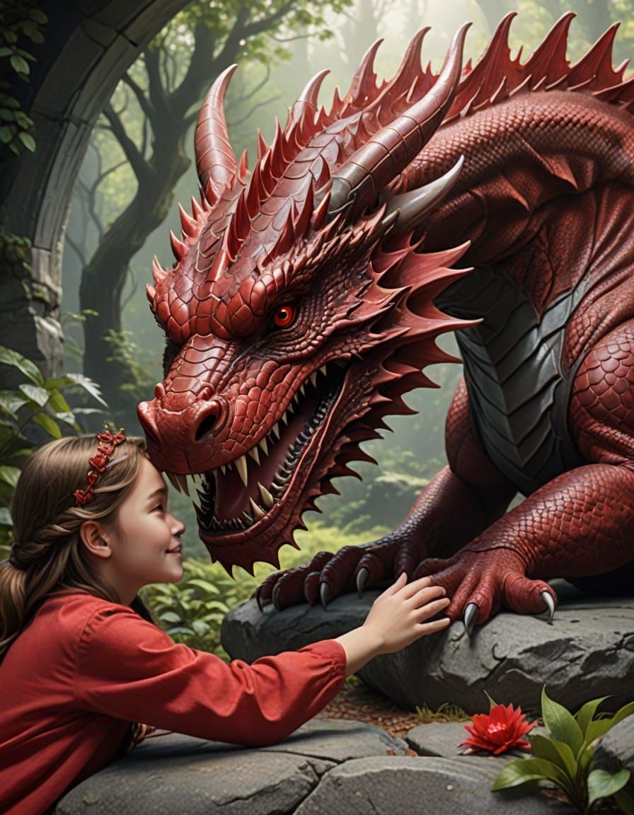 A Young Girl and Her Majestic Ruby Dragon Friend