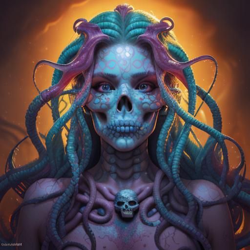 Hyperrealistic Skull Mermaid Medusa in Splash Art Style