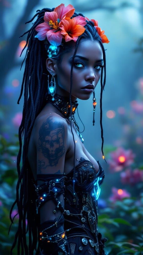 Ethereal Cyberpunk Warrior in a Fog-Shrouded Forest