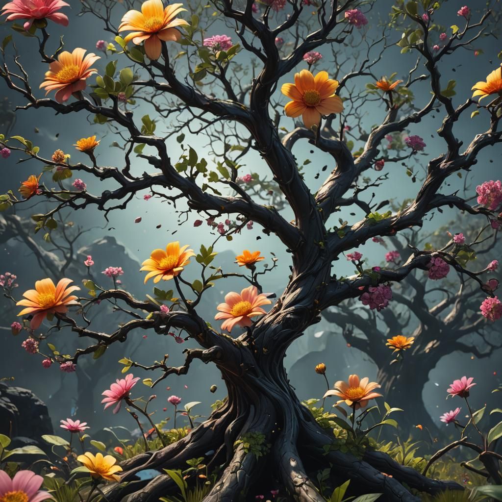 Smiling Flower Fights Black Tree: Detailed Fantasy Art