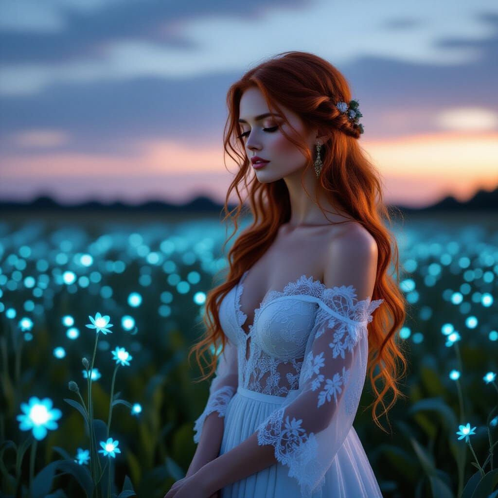 Ethereal Irish Woman in Bioluminescent Twilight