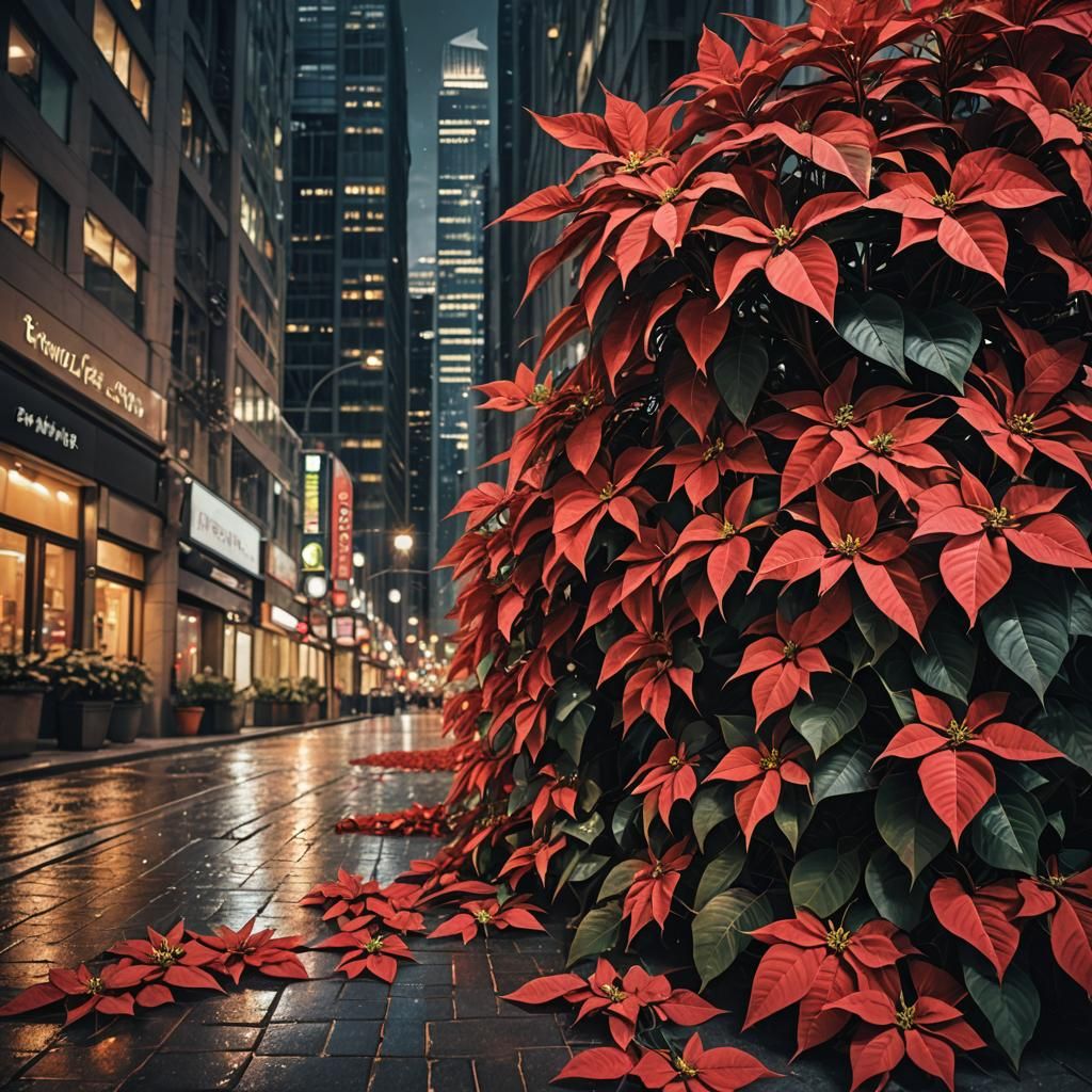 Poinsettia-Filled Cityscape in Urban Fantasy Photography