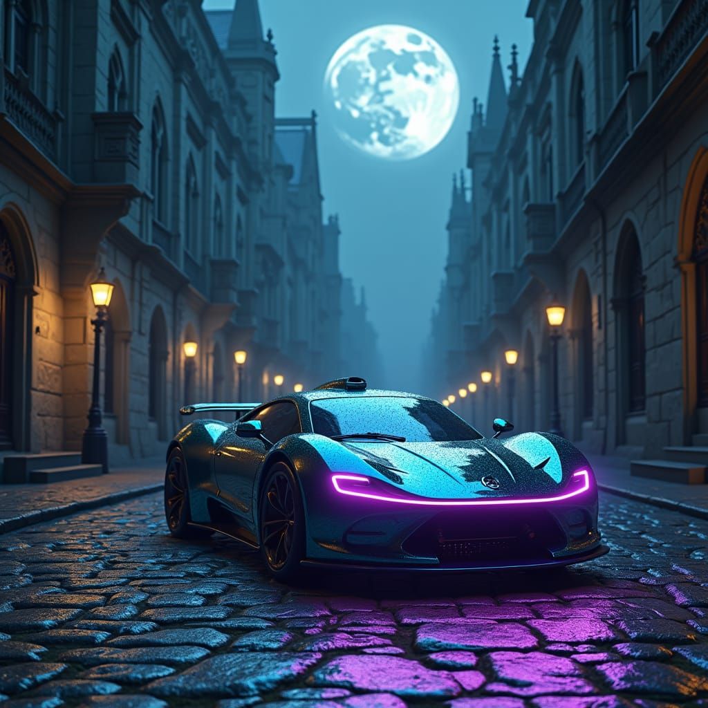 Futuristic Car on Cobblestone Street in Matte Painting Style