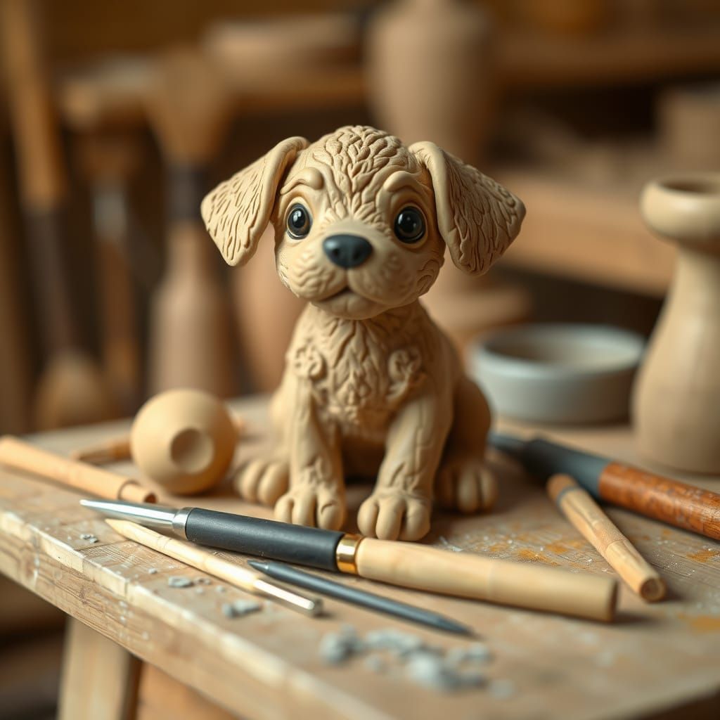 Adorable Clay Puppy Sculpture on Workbench