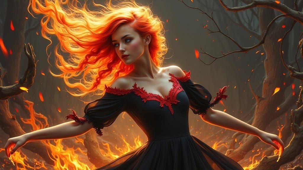 Fiery Dance: Mystical Woman in Flame Whirlwind