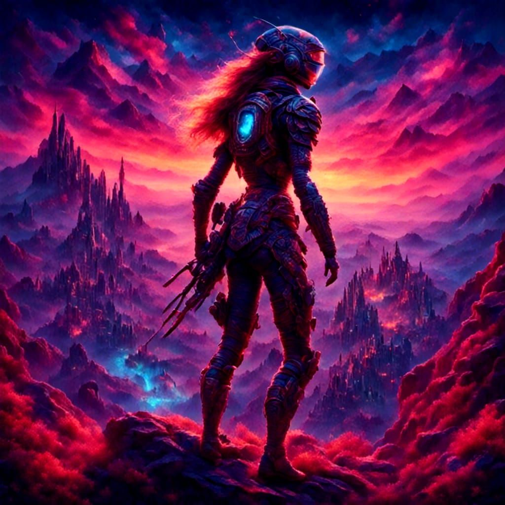 Retro-Futuristic Girl in Dreamlike Cityscape as Gouache Art