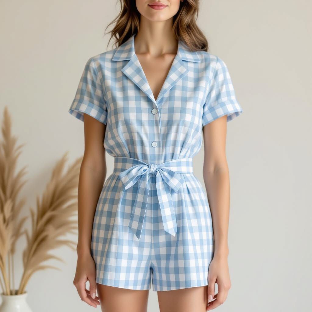 Woman in Checkered Romper: Beatrix Potter Style