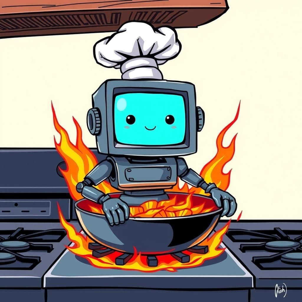 Whimsical Computer Chef in Frying Pan, Digital Art