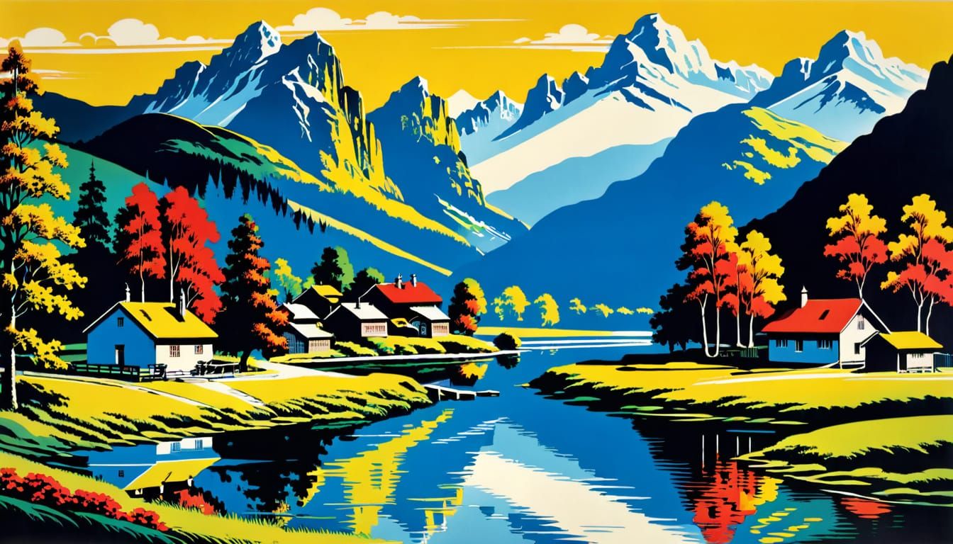 Vintage Serigraphy Landscape of Village by Lake