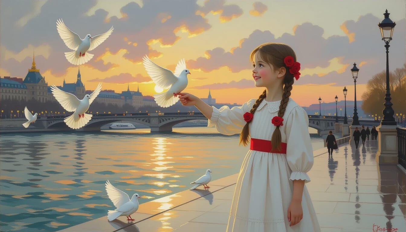 Girl with Doves at Quai d'Orsay: Impressionistic Style