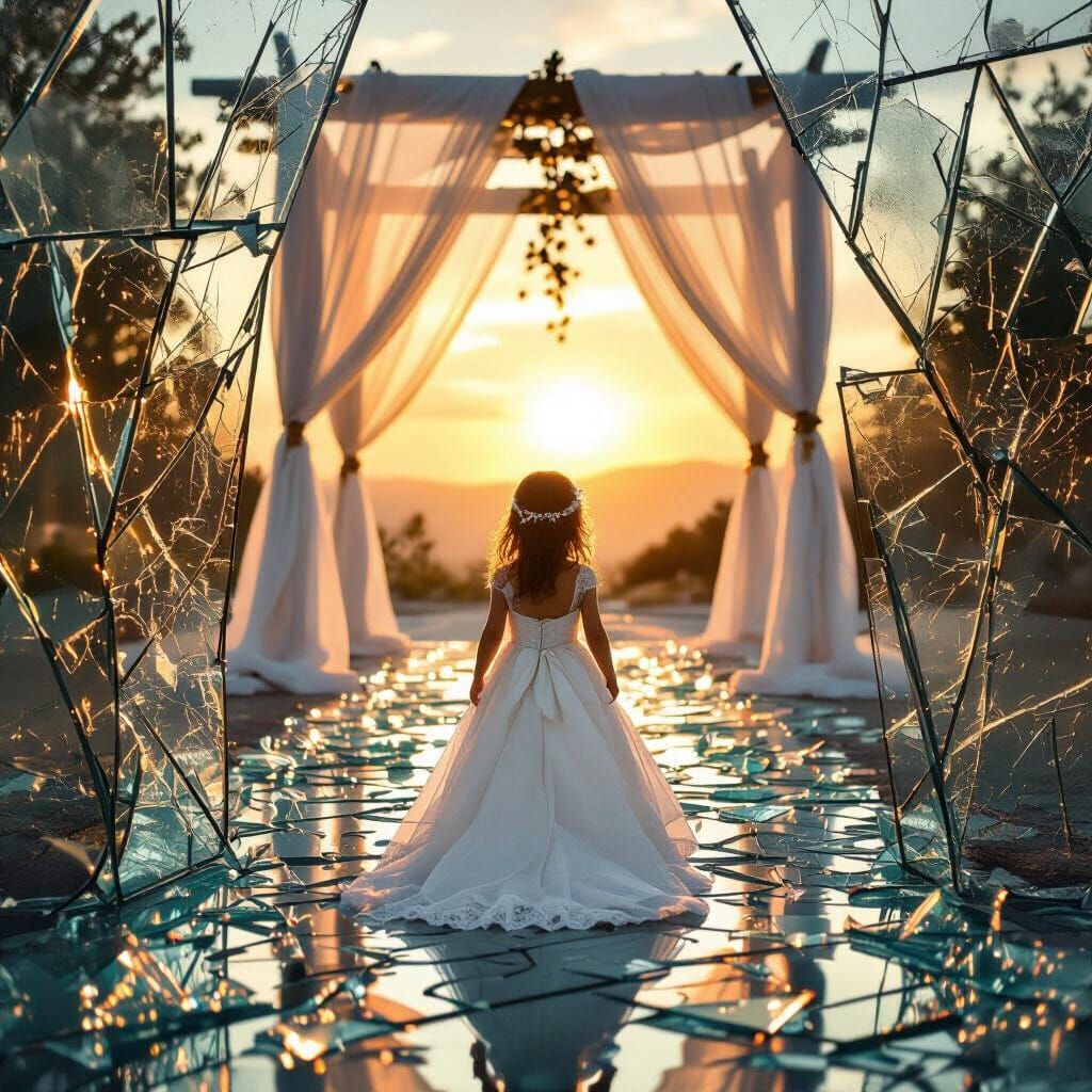 Girl in Wedding Dress Walks Through Glass to Chuppah