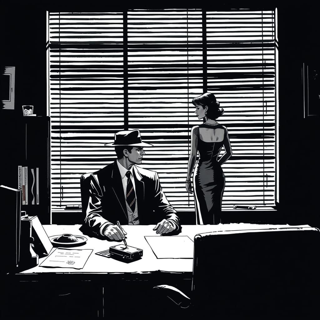 Film Noir Detective Scene with Woman in Office